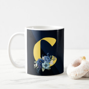 Mug Moderne Monogramme Floral Bleu Marine Bon Annivers