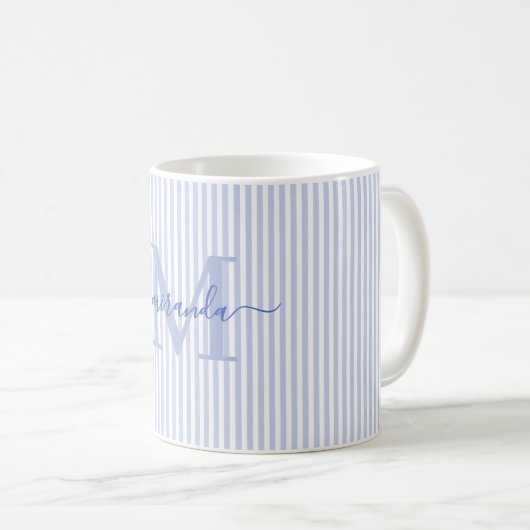 Mug Moderne Monogramme Nom Rayure Bleue (Devant droit)