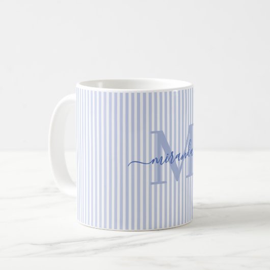 Mug Moderne Monogramme Nom Rayure Bleue (Devant gauche)