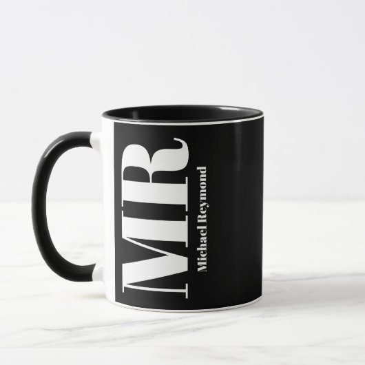 Mug moderne noir blanc nom & initiales avec photo (Gauche)