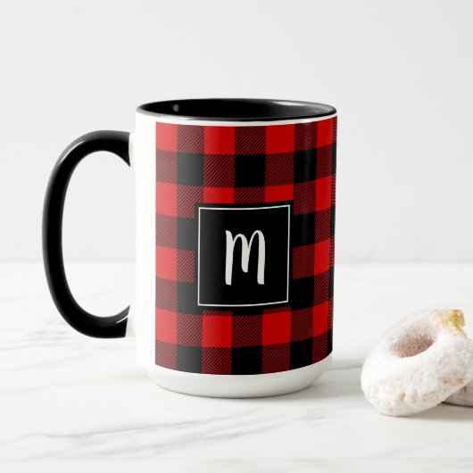 Mug Moderne noir rouge personnalisé de plaid de (Avec donut)