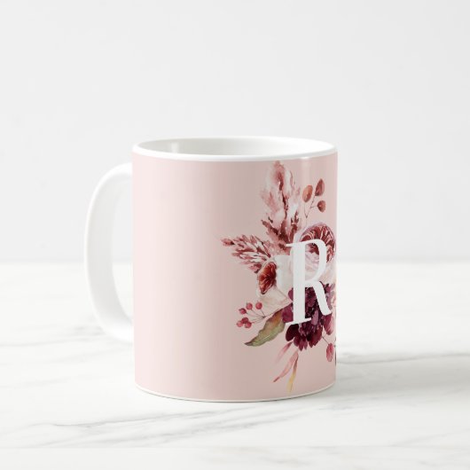 Mug Moderne Pastel Rose & Flore Rouge Avec Initiale (Devant gauche)