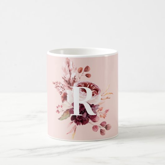 Mug Moderne Pastel Rose & Flore Rouge Avec Initiale (Centre)