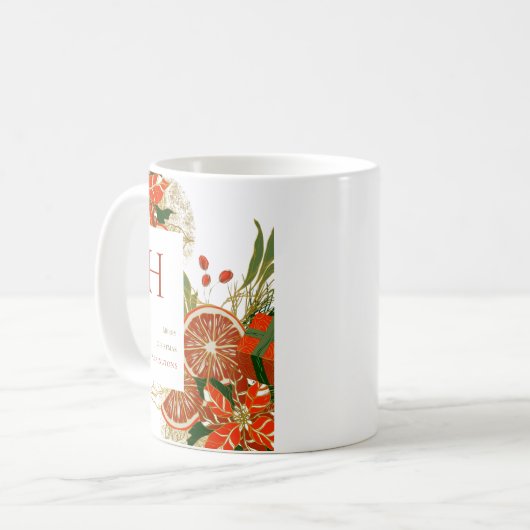 Mug Moderne Poinsettia & Verdure | Monogramme de Noël (Devant gauche)