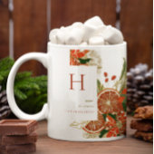 Mug Moderne Poinsettia & Verdure | Monogramme de Noël