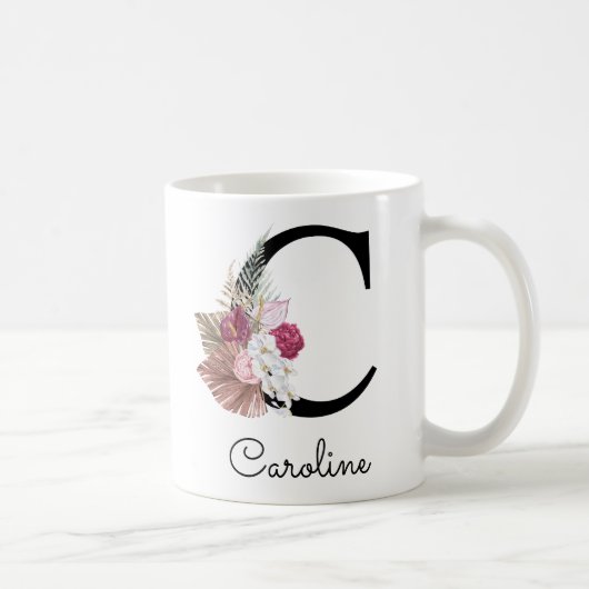 Mug Moderne Rose Bohème Féminin Floral Initiale C (Droite)