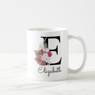 Mug Moderne Rose Boho Floral Initiale E