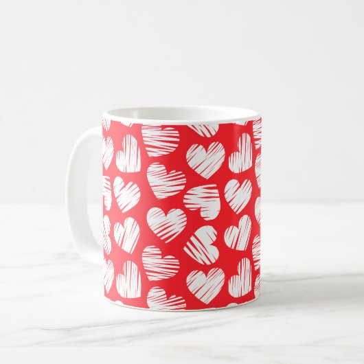 Mug Moderne Rouge et Blanc Doodled Heart Valentine Nom (Devant gauche)