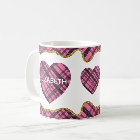 Mug Moderne Rustique rose Plaid Loeur Coeur Nom de la (Devant gauche)