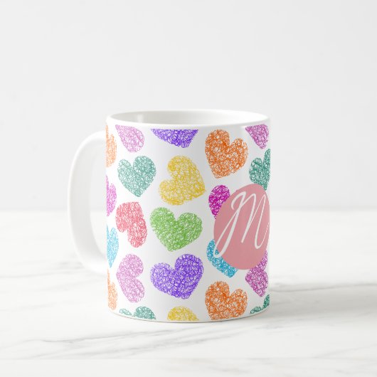 Mug Moderne Vibrant Rainbow Doodle Hearts Monogramme (Devant gauche)