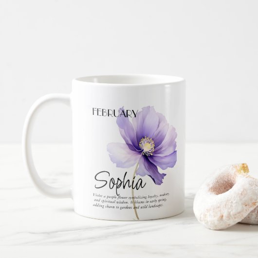 Mug Mois de naissance Fleur personnalisée de février (Avec donut)