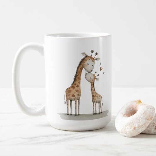 Mug Mom & Baby Giraffe Cute Illustration (Avec donut)