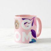 Mug MOM DE CHIEN, Votre Photo De Coupe, Fleurs Roses & (Devant droit)