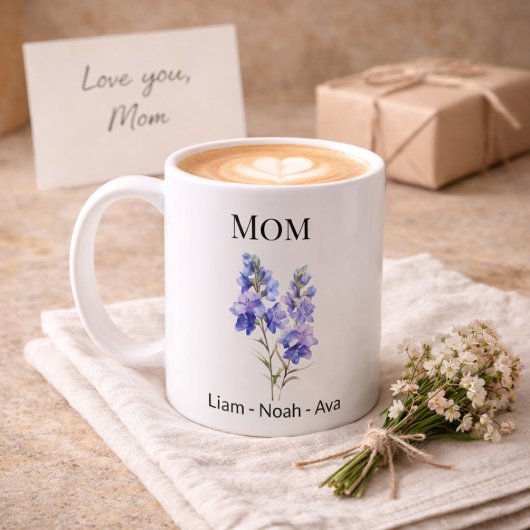 Mug Mom July Birth Flower with Kids Names
