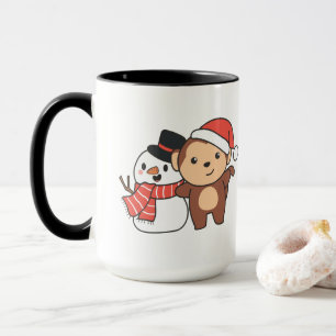 Mug Monkey With Snowman In Winter For Christmas