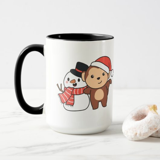 Mug Monkey With Snowman In Winter For Christmas (Avec donut)