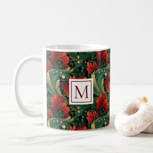 Mug Monogram Art Nouveau Noël Vert Rouge Motif (Avec donut)