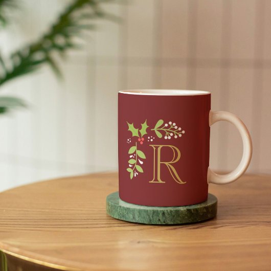 Mug Monogram Christmas Holly & Mistletoe Red