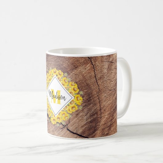Mug Monogram de Rustic Sunflowers & Wood Texture (Devant droit)
