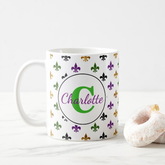 Mug Monogram Mardi Gras Fleur De Lis tendance (Avec donut)