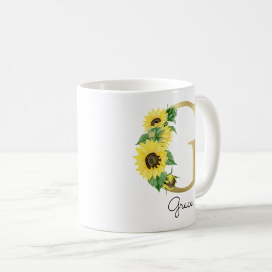Mug Monogram Or Sunflower Fleur Initiale G Féminin (Devant droit)
