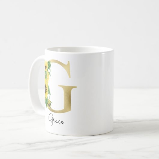 Mug Monogram Or Sunflower Fleur Initiale G Féminin (Devant gauche)