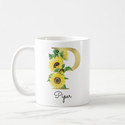 Mug Monogram Or Sunflower Floral Initial Féminin P (Gauche)