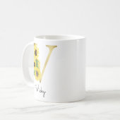 Mug Monogram Or Sunflower Initial Floral Féminin V (Devant gauche)