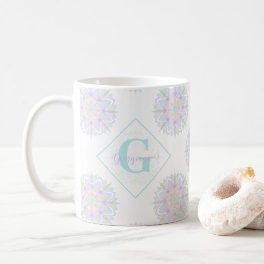 Mug Monogram Pastel Rainbow Sundae Polka Dot Mandala (Avec donut)