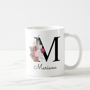 Mug Monogram Pink Boho Girly Floral Initial M