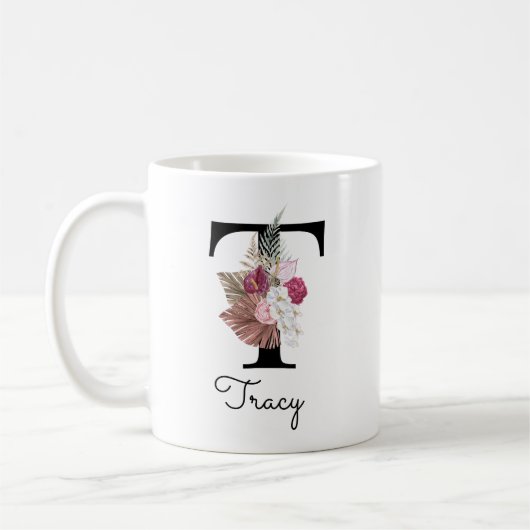Mug Monogram Pink Boho Girly Floral Initial T (Gauche)