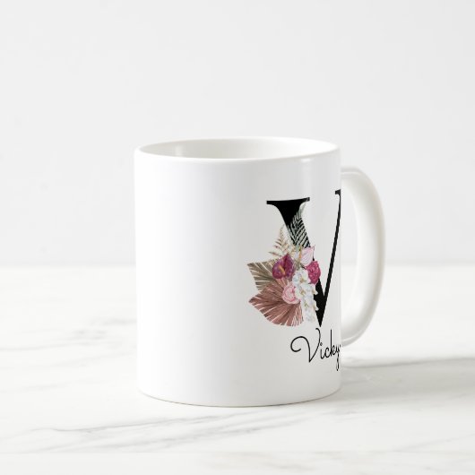 Mug Monogram Pink Boho Girly Floral Initial V (Devant droit)