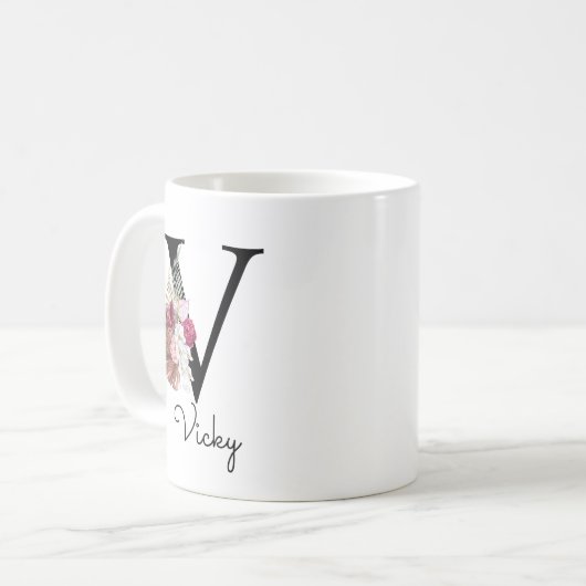 Mug Monogram Pink Boho Girly Floral Initial V (Devant gauche)