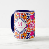 Mug Monogram Rose orange bleu carreaux mexicains (Devant gauche)
