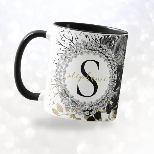 Mug Monogram Roses Diamants Luxe Or Noir Élégant