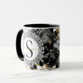 Mug Monogram Roses Diamants Luxe Or Noir Élégant (Devant gauche)
