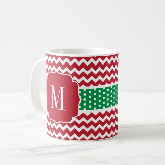 Mug Monogram Rouge et vert Chevron Pois vacances (Devant gauche)
