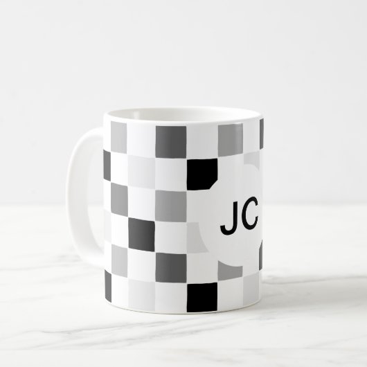 Mug Monogramme à carreaux noir et blanc moderne simple (Devant gauche)