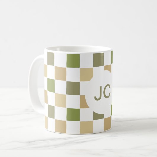 Mug Monogramme à Carreaux Vert Beige Moderne Simple (Devant gauche)