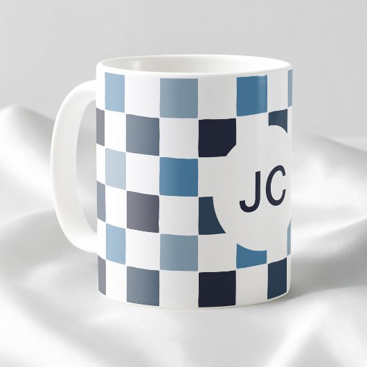 Mug Monogramme À damiers Bleu Blanc Moderne Simple