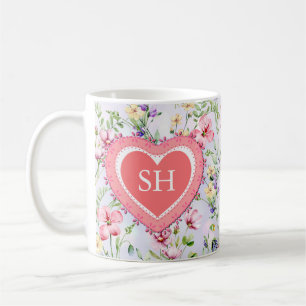 Mug Monogramme à motif aquarelle de fleurs printanière