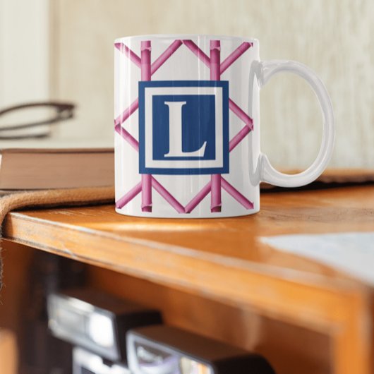 Mug Monogramme à motif de bambou en treillis rose élég
