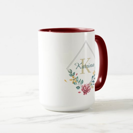 Mug monogrammé à motif floral aquarelle (Devant droit)