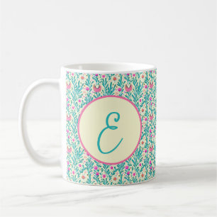 Mug Monogramme à motif floral aquarelle rose et bleu