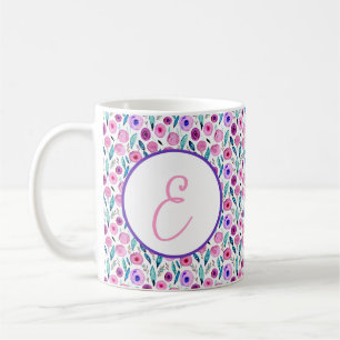 Mug Monogramme à motif floral aquarelle rose et violet