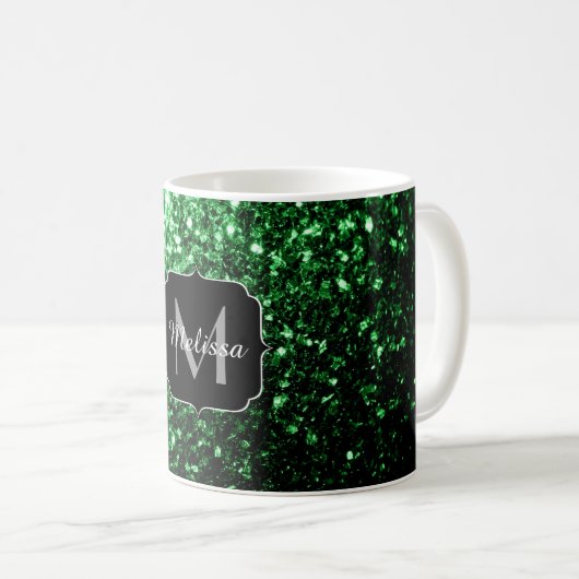 Mug Monogramme à paillettes fausses vert foncé (Devant droit)