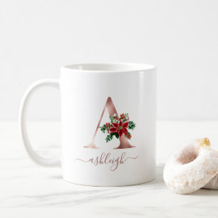 Mug Monogramme A Poinsettia en or rose Script