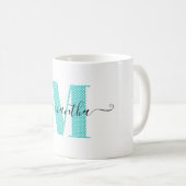 Mug Monogramme à pointes bleu turquoise et blanc (Devant droit)