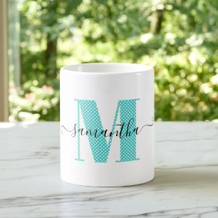 Mug Monogramme à pois turquoise et blanc féminin