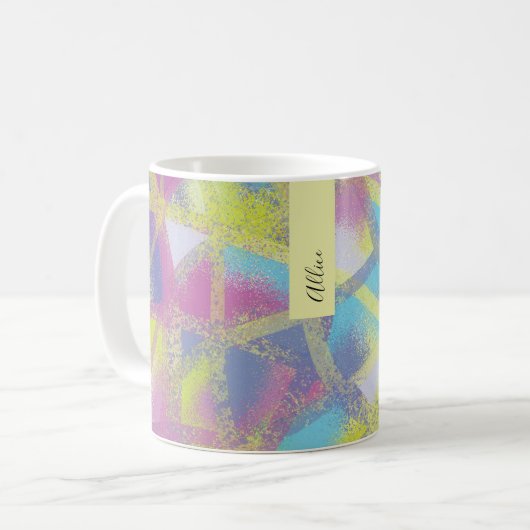Mug Monogramme abstrait bleu jaune violet (Devant gauche)